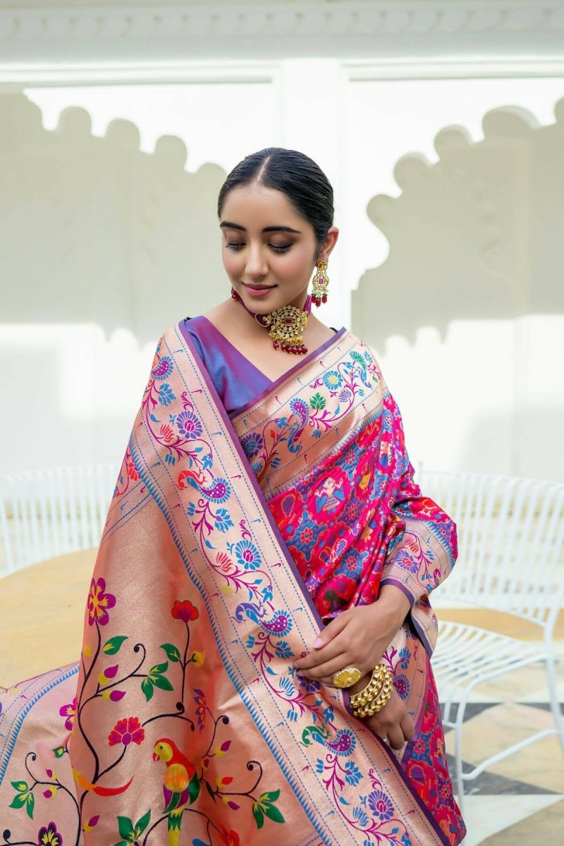 Aastha Fashion Magenta Woven Paithani Silk Saree with Blouse - Grab2buy