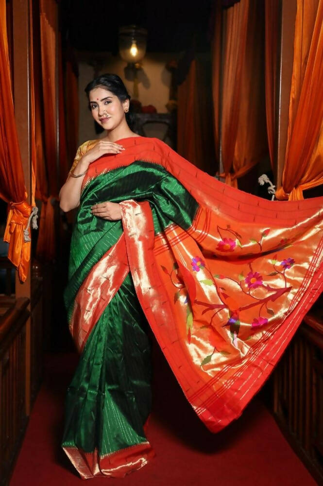 Very Much Indian Triple Muniya Border Paithani- Authentic Handloom Pure Silk With Parrots Pallu - Zari Stripes - Grab2buy