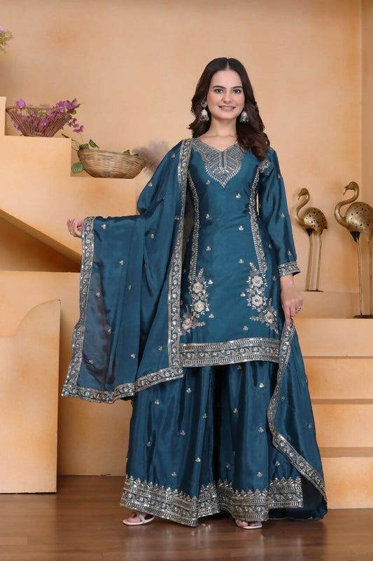 Joban Fashion Teal Crepe Embroidered Sharara Set