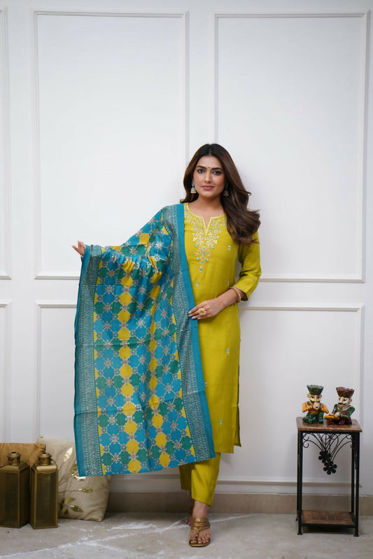 The52 Lemon Beautiful Embroidered Viscose Chanderi Fabric Straight Kurta Pant with Dupatta Set | Grab2Buy