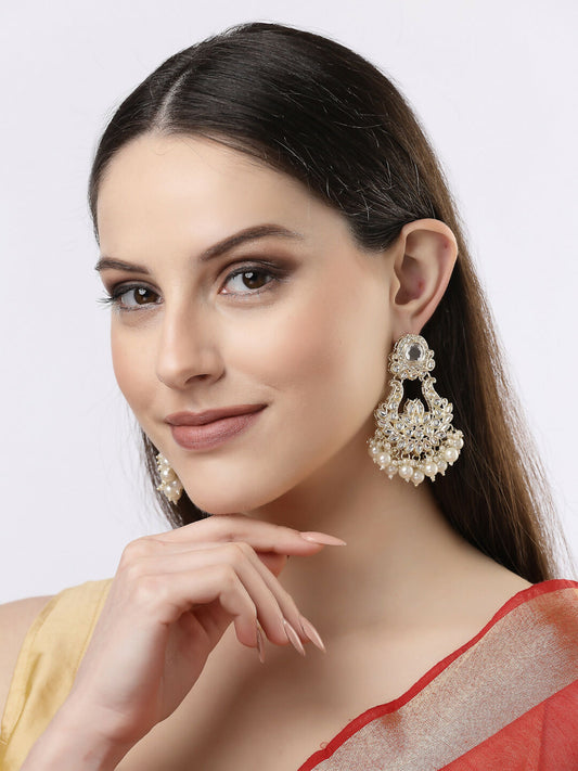 NVR Women Gold-Polished Kundan Chandbali Earrings