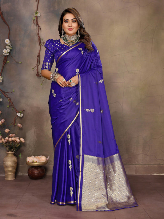 Joban Fashion Indigo Blue Floral & Botanical Motifs Satin Silk Banarasi Silk Saree