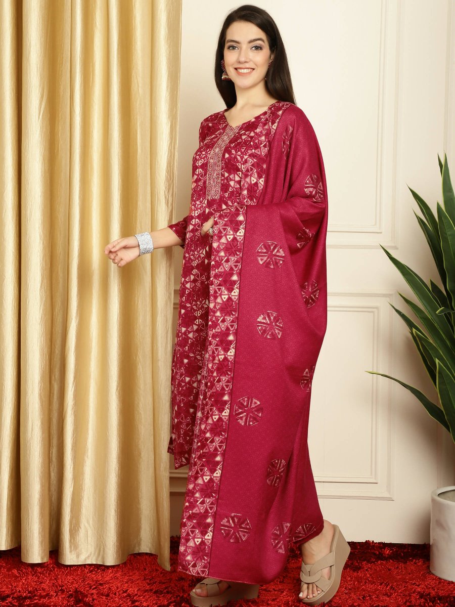 Aastha Fashion Women's Red Pashmina Floral Digital Printed Kurta with Trouser & Dupatta - Grab2buy