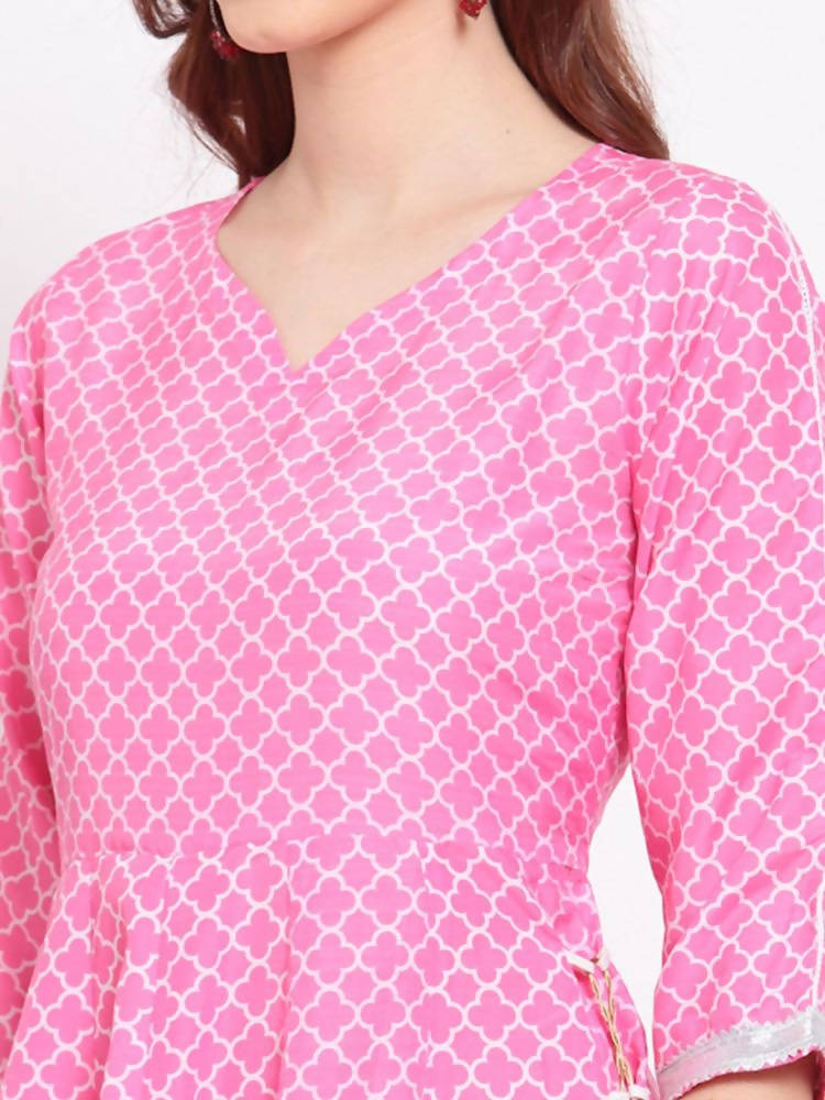 Myshka Women's Pink Printed Cotton Blend 3/4 Sleeve V Neck Casual Anarkali Kurta Dupatta Set