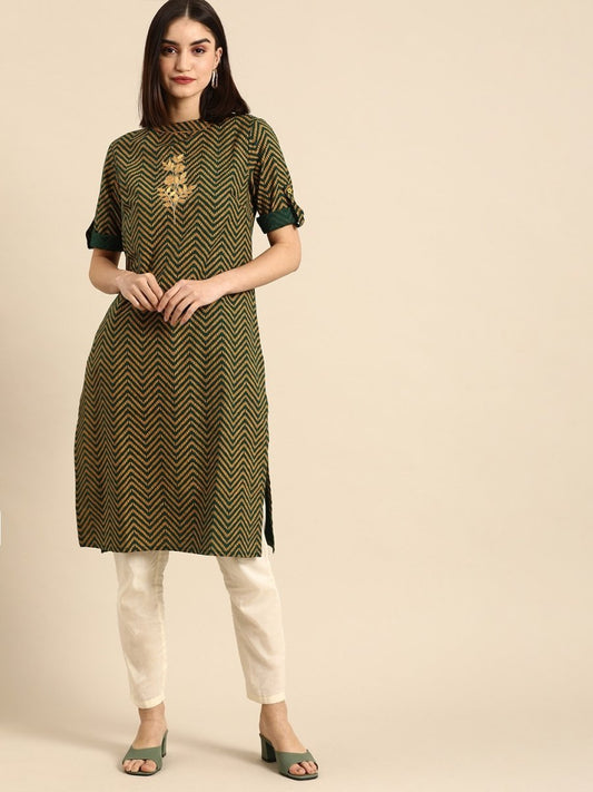 All About You Women Green & Yellow Floral Embroidered Thread Work Pure Cotton Kurta