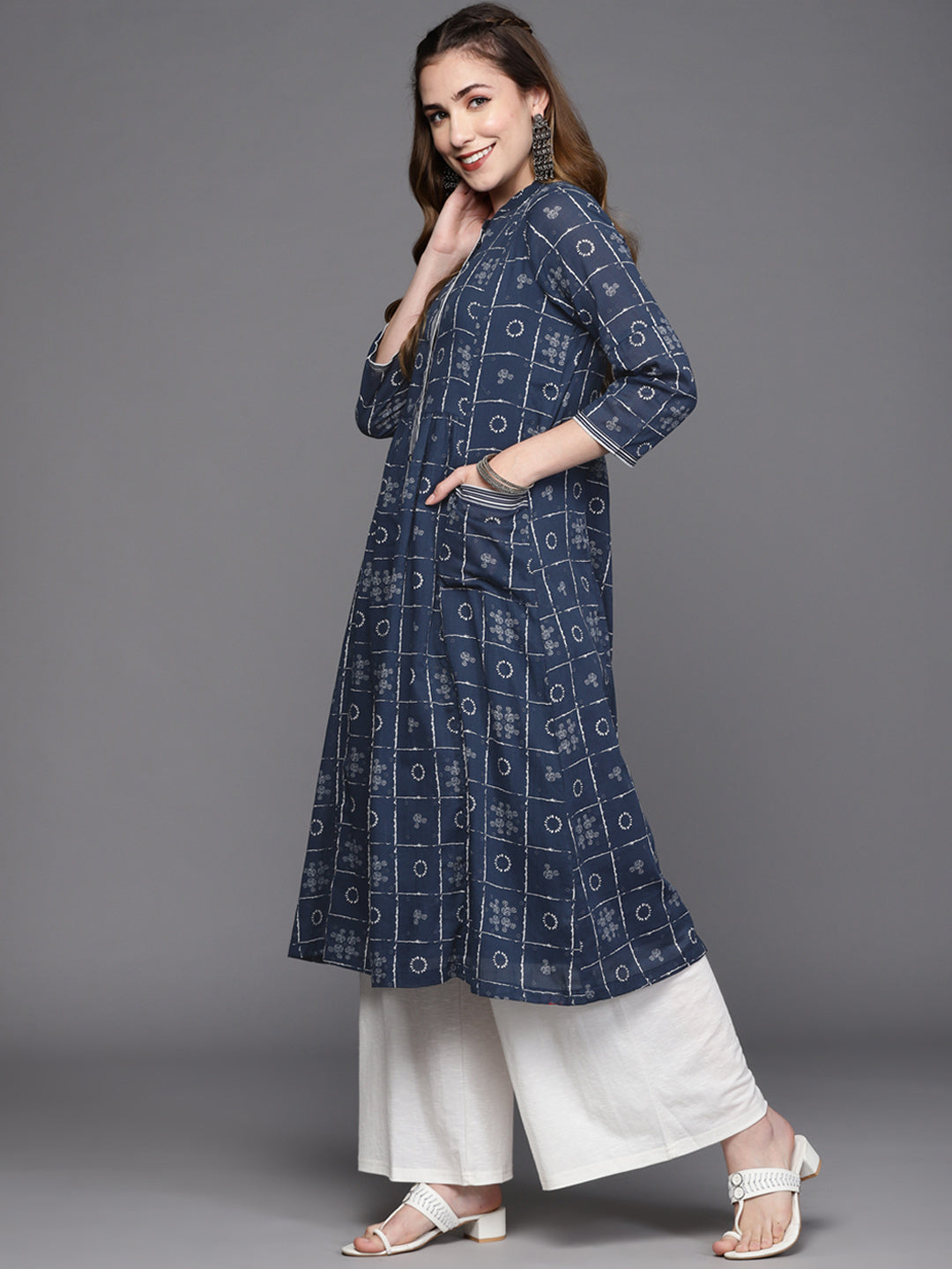 Biba Women Navy Blue & White Ethnic Motifs Printed Kurta with Inner - Grab2buy