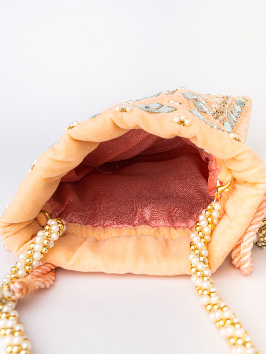 NR By Nidhi Rathi Peach-Coloured & White Embroidered Potli Clutch - Grab2buy