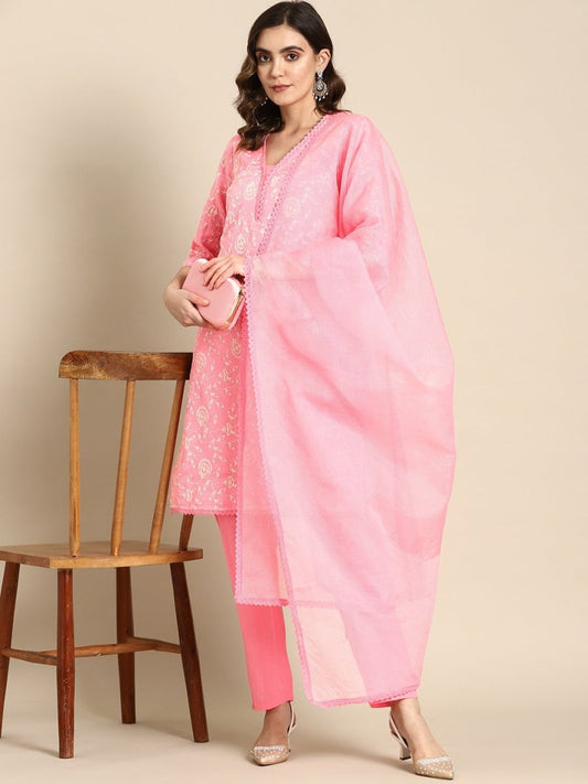 All About You Women Floral Embroidered Regular Kurta with Trousers & Dupatta