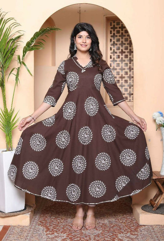Miravan Womens Printed V-Neck Cotton Anarkali Kurta Brown