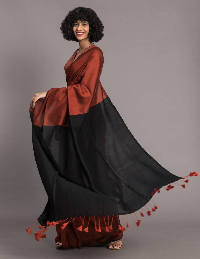 Suta Rust Brown Black Cotton Blend Colourblocked Saree - Grab2buy