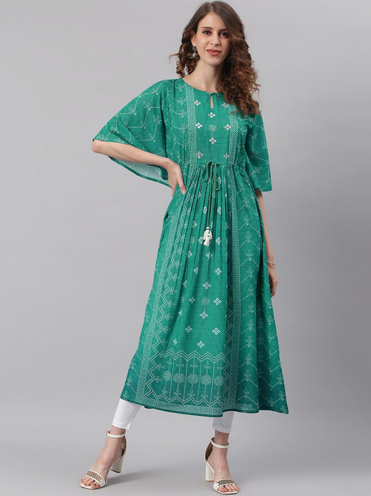 Janasya Women Green Ethnic Motifs Printed Keyhole Neck Flared Sleeves Georgette Kaftan Kurta
