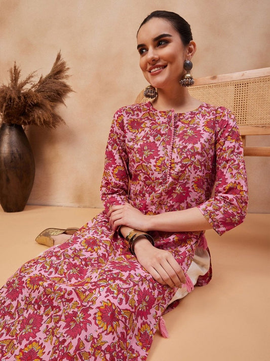 Anouk Floral Printed Round Neck Pure Cotton Straight Kurta | Grab2Buy