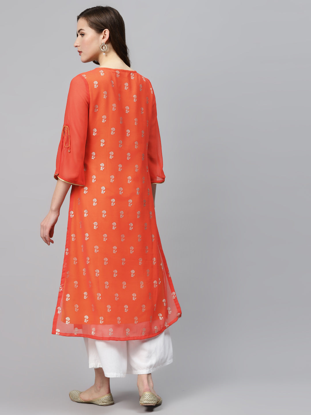 Biba Women Rust Orange & Golden Printed Layered Straight Kurta - Grab2buy