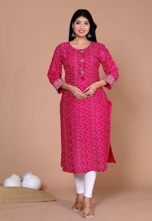 Miravan Women's Embroidered Pink Bandhani Pakistani Straight Kurti | Grab2Buy