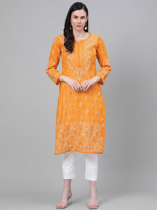 ADA Women Mustard Yellow & White Chikankari Embroidered Cotton Sustainable Handloom Kurta with Palazzos