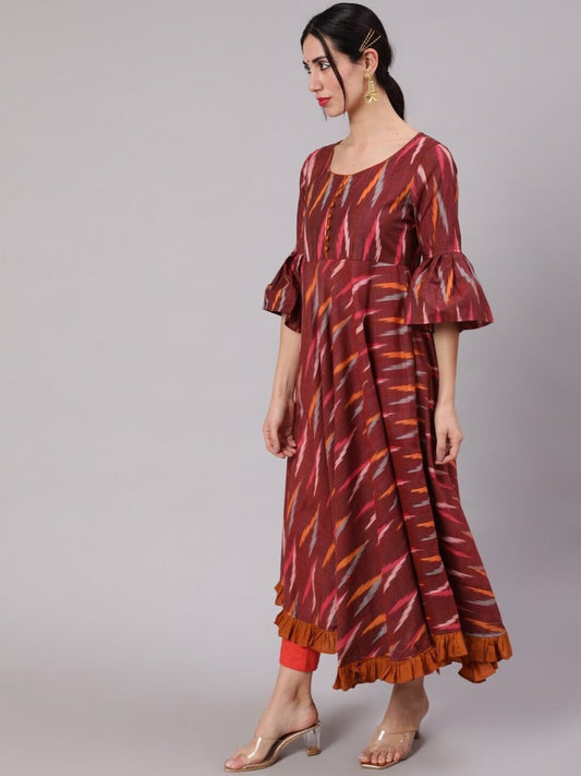 Aks Ikat Printed Pleated Pure Cotton Anarkali Kurta