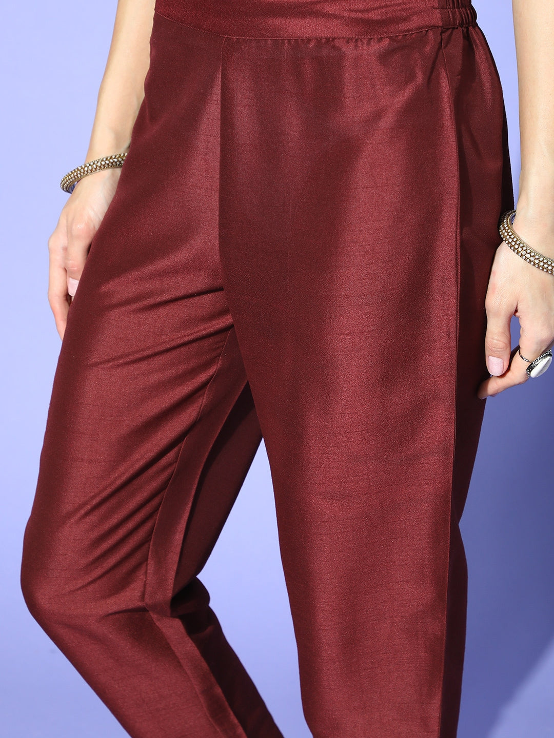 Sangria Women Maroon Ethnic Motifs Embroidered Yoke Design A-Line Kurta with Trousers - Grab2buy