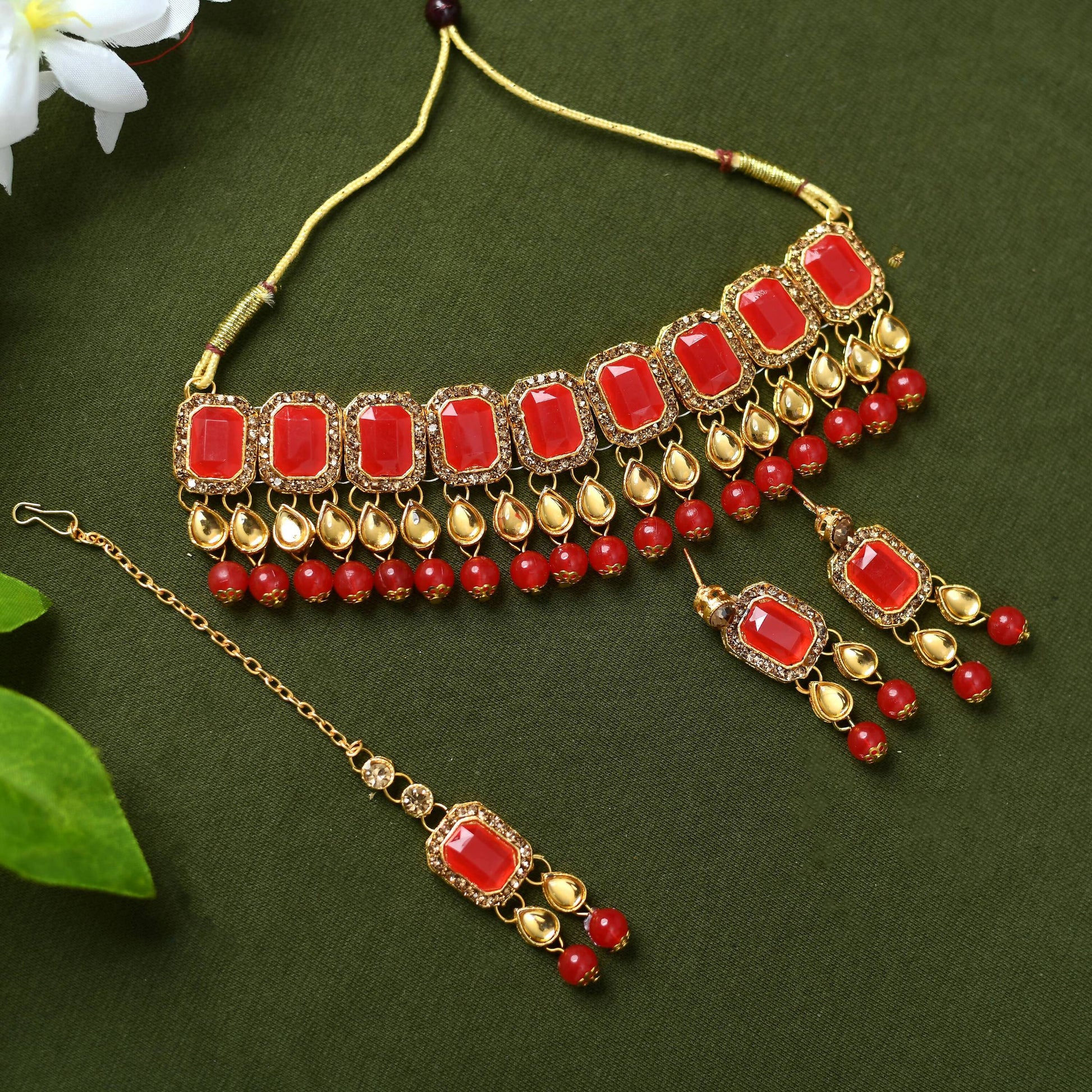 Mominos Fashion Johar Kamal Gold-Plated Brass Finish Kundan/Pearls Choker For Women (Red) - Grab2buy