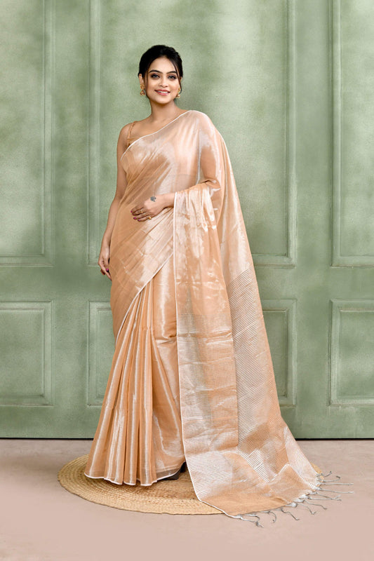 Piyari Fashion Women's Beige Dual Tone Organic Tissue Saree With Blouse Piece