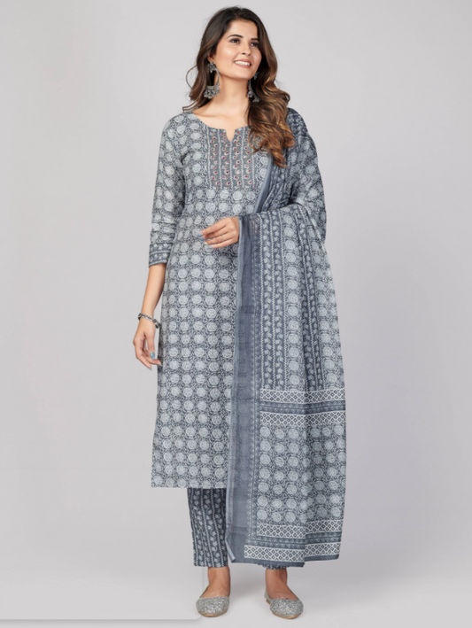 NOZ2TOZ Women's Printed & Embellished & Mirror Work Straight Cotton Grey Stitched Kurta Pant With Dupatta (3Pcs Set)