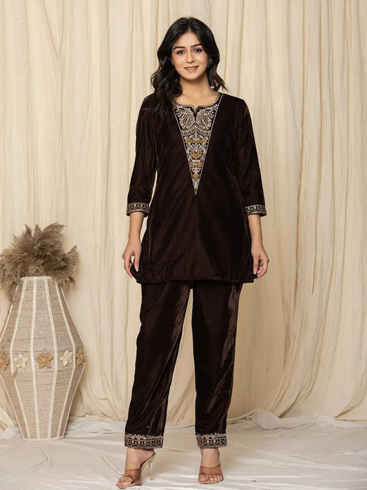 Yufta Coffee Brown Velvet Embroidered Co-Ord Set
