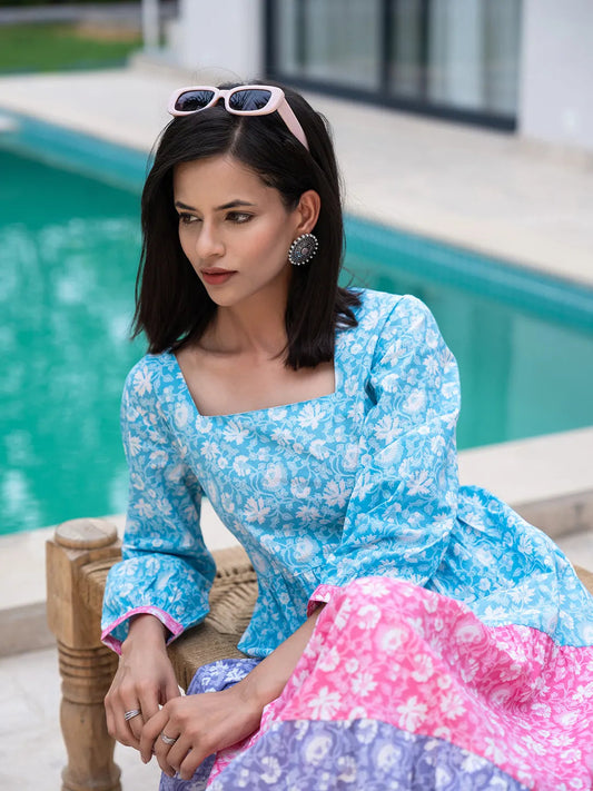 Yufta Blue Cotton Colour Blocking Tiered Dress Grab2Buy Yufta Grab2Buy