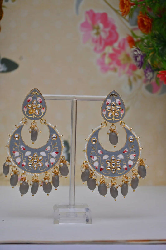 Gold Plated Brass & Pearl Dangle Women Grey Hand Painted Meenakari Chandbali Earrings By House of Ree - Grab2buy