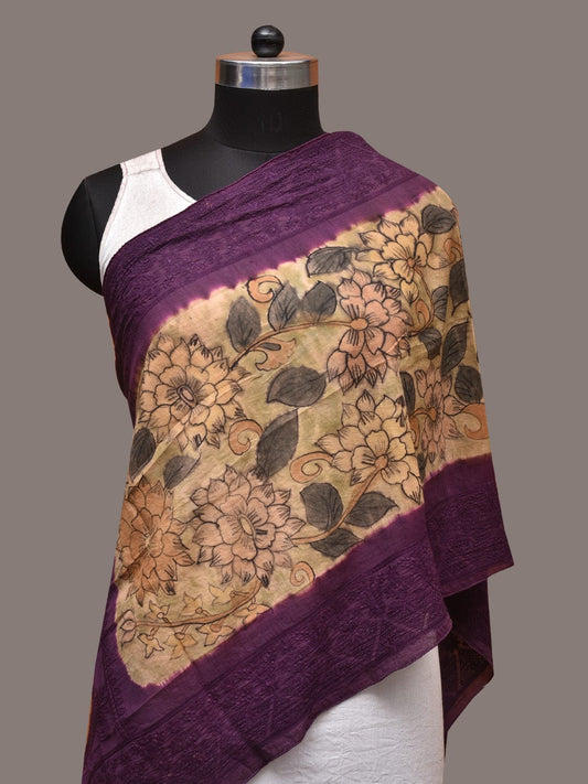 Cream and Purple Kalamkari Hand Painted Sico Stole with Floral and Embroidery Design - Global Threads Grab2Buy Global Threads Grab2Buy