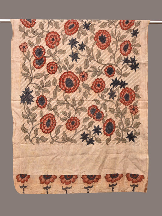 Cream Kalamkari Hand Painted Cotton Silk Dupatta with Floral Design - Global Threads Grab2Buy Global Threads Grab2Buy