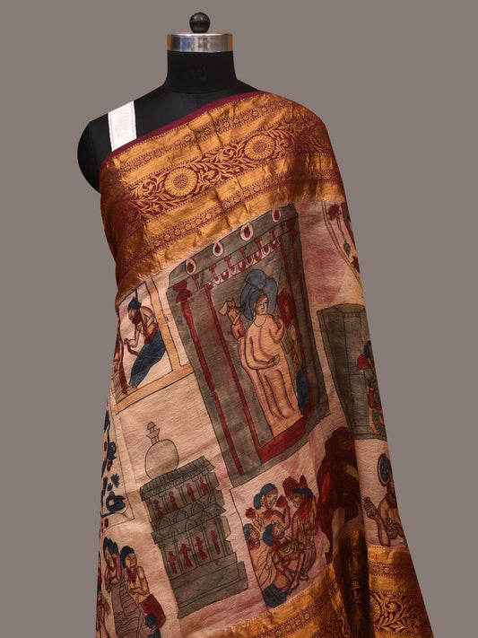 Cream Kalamkari Hand Painted Kanchipuram Silk Handloom Dupatta with Ajanta Design - Global Threads Grab2Buy Global Threads Grab2Buy