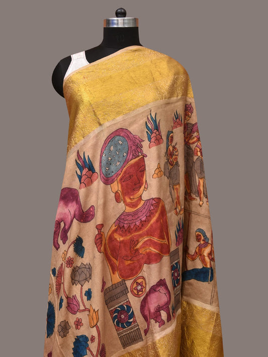 Cream Kalamkari Hand Painted Kanchipuram Silk Handloom Dupatta with Ajanta Design - Global Threads Grab2Buy Global Threads Grab2Buy