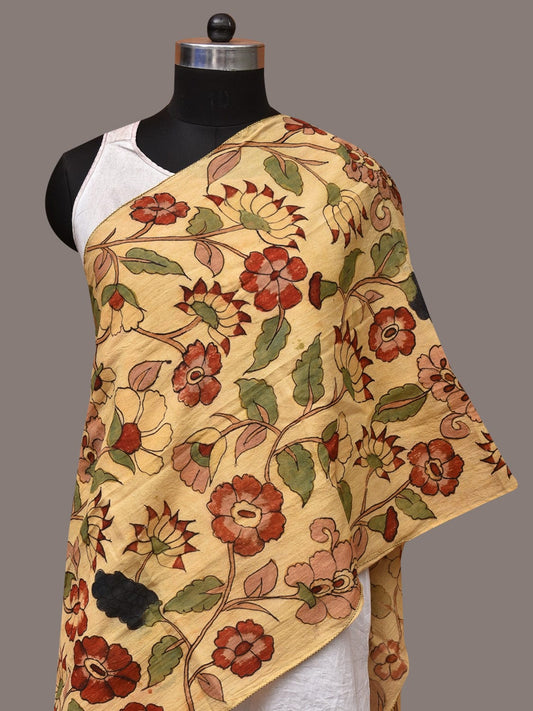 Cream Kalamkari Hand Painted Sico Stole with Floral Design - Global Threads Grab2Buy Global Threads Grab2Buy