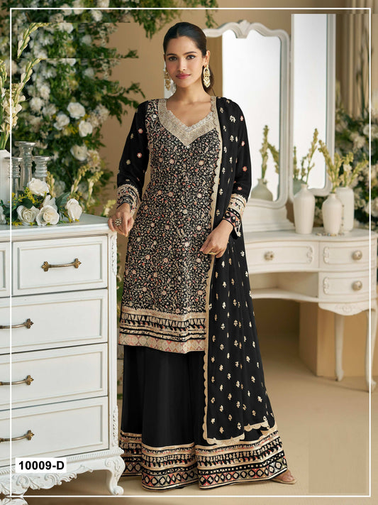 Anaita Black Embroidered Faux Georgette Unstitched Plazo Suit
