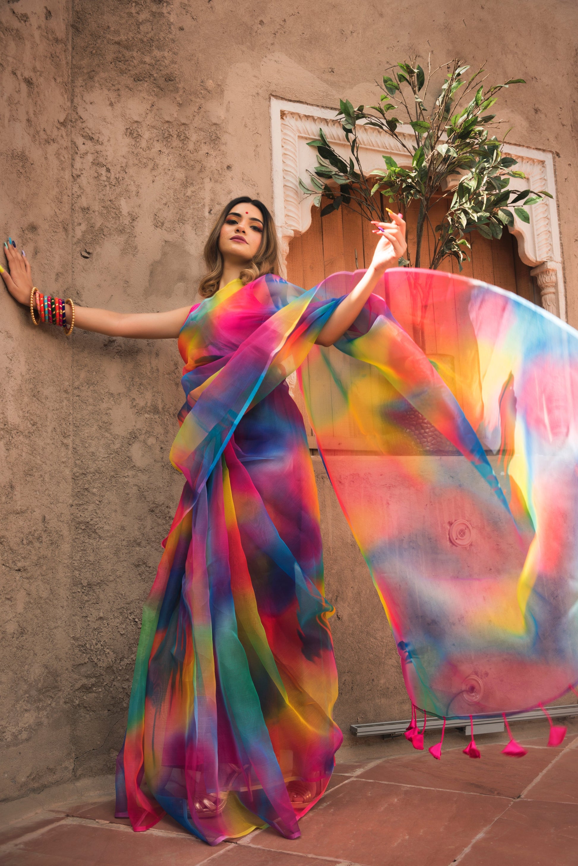 Pomcha Jaipur Rainbow Organza Printed Saree - Grab2buy