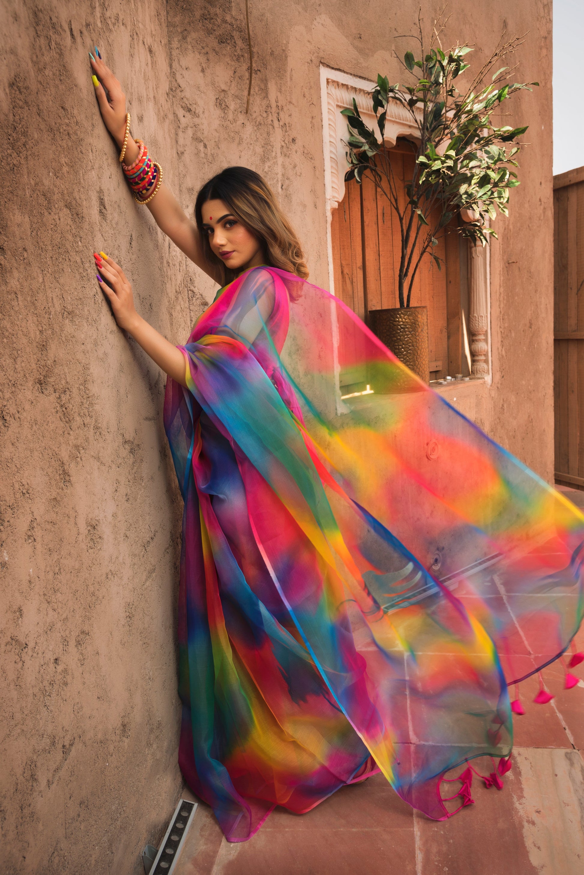 Pomcha Jaipur Rainbow Organza Printed Saree - Grab2buy