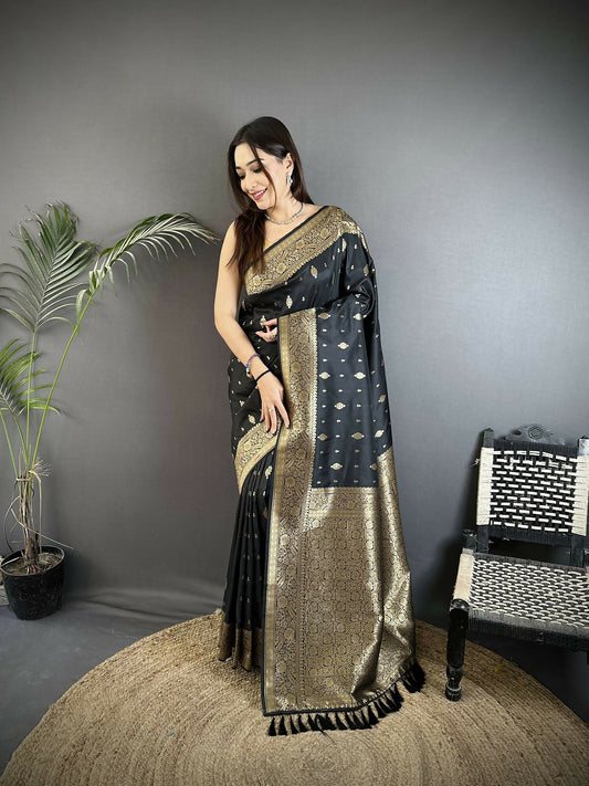 Joban Fashion Black Zari Weaving Motif Lichi Silk Banarasi Silk Saree