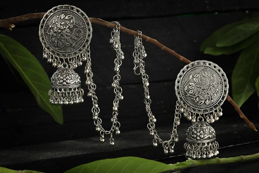 Mominos Fashion Johar Kamal Trendy Oxidized Silver Plated Bahubali Jhumkas - Grab2buy