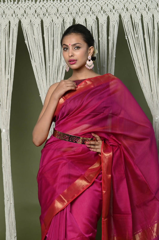 Very Much Indian Handloom Cotton Silk Maheshwari Grab2Buy With Sleek Golden Border - Red