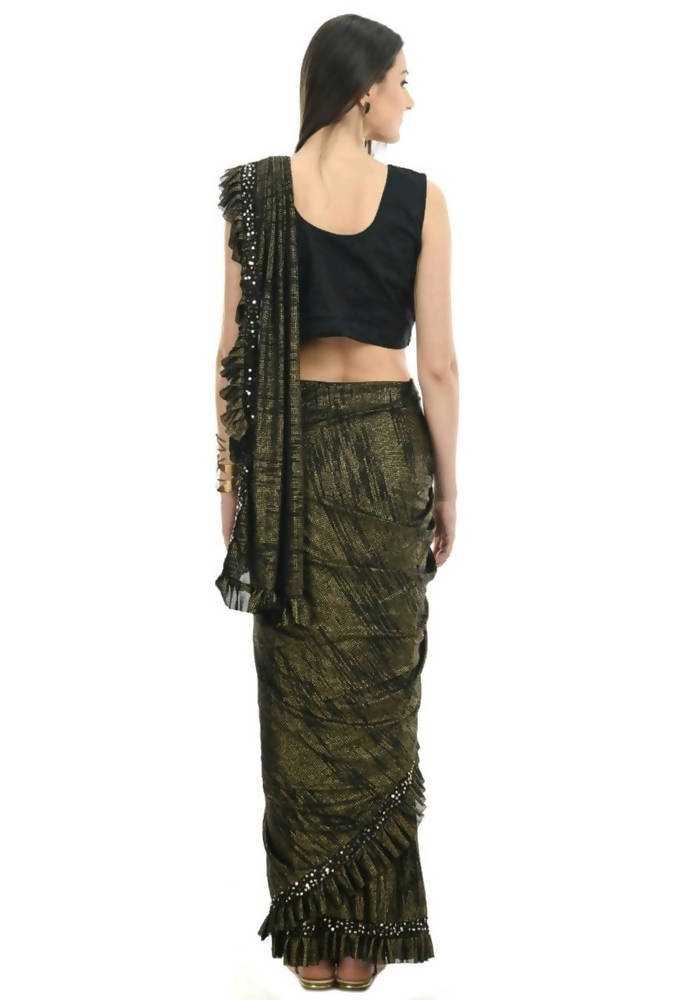 Mominos Fashion All Season Wear Olive Green And Black Ruffled Ready To Wear Saree - Grab2buy