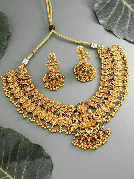 Aadita Gold-Toned Red & Green Stone-Studded Temple Jewelry Set - Grab2buy