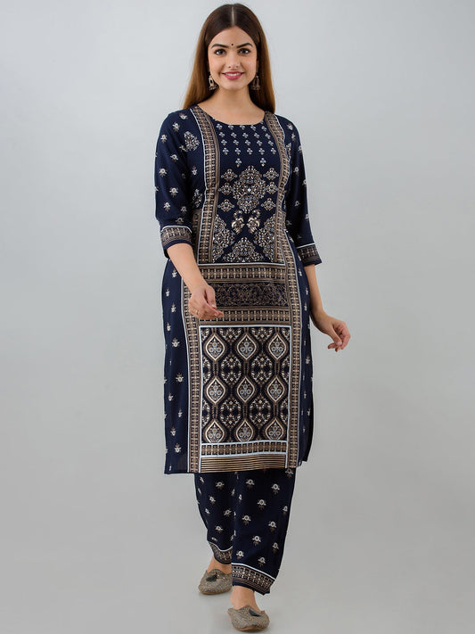 HERE&NOW Navy Blue Ethnic Motifs Printed Kurta with Trousers