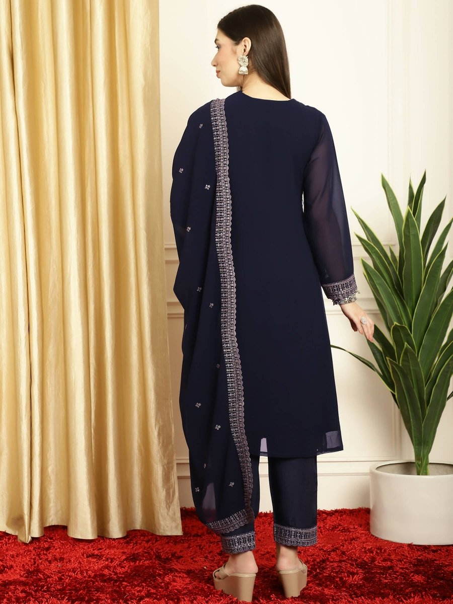 Aastha Fashion Women's Navy Blue Georgette Resham Thread & Sequin Kurta with Trouser & Dupatta - Grab2buy