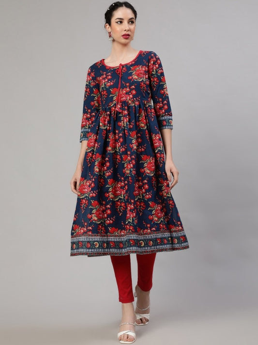 Aks Floral Printed Tie-Up Neck Pleated Cotton A-Line Kurta