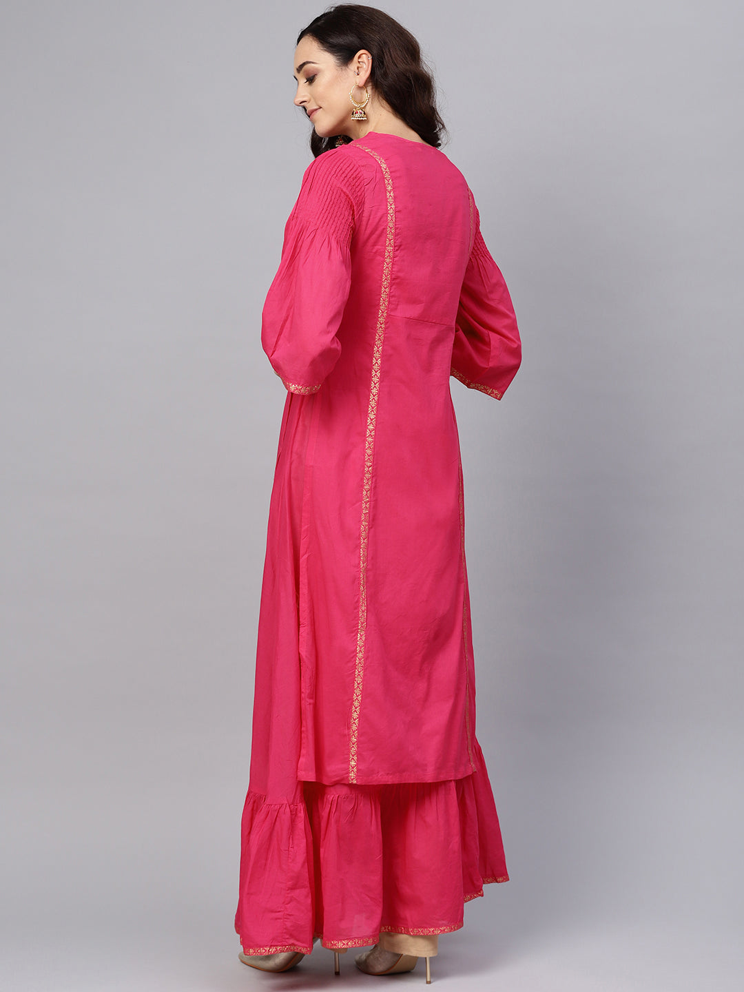 Biba Women Pink & Golden Printed Layered A-Line Kurta - Grab2buy