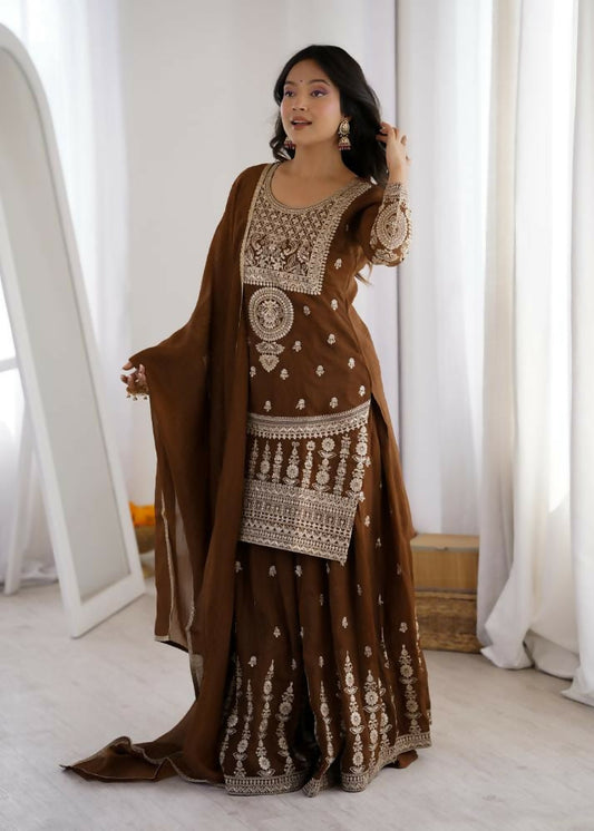 Lehenga Mart Designer Sharara Suit With Kurta, Sharara, Dupatta For Women-Brown