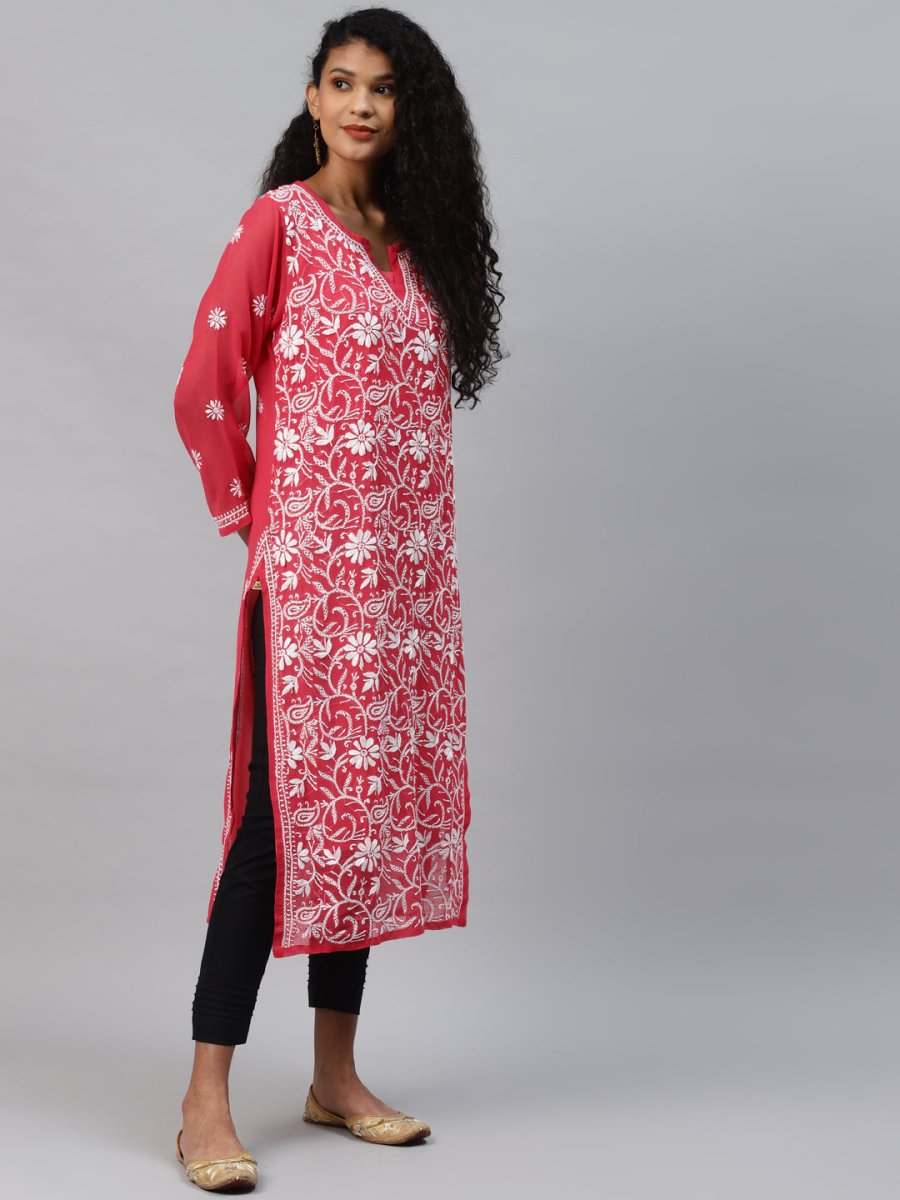 ADA Women Carrot Pink & White Floral Hand Embroidered Chikankari Handloom Kurta & Matching slip - Grab2buy
