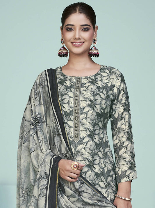 Aastha Fashion Women's Grey Muslin Digital Print with Resham Thread work Kurta with Trouser & Dupatta - Grab2buy