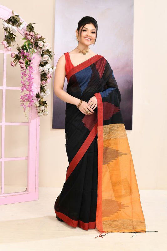 Piyari Fashion Women's Black Temple Border Embellished Cotton Blend Jamdani Saree