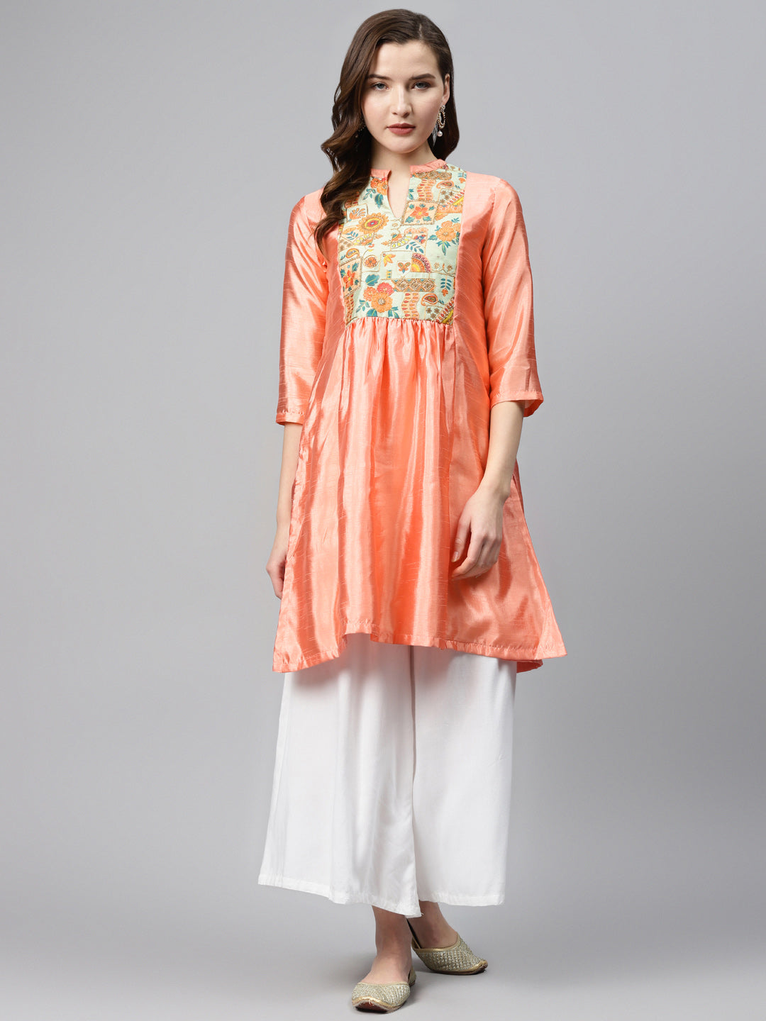 Biba Women Peach-Coloured & Green Yoke Design A-Line Kurta With Sheen Effect - Grab2buy