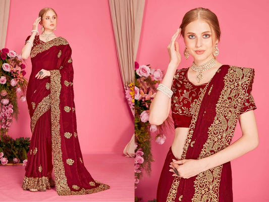 PR Fashion Maroon Fendi Two Tone Silk Heavy Zari Embroidery Work With Heavy Zircon Work Saree